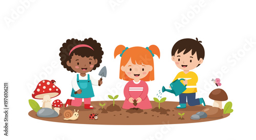 Three diverse children are happily gardening together, planting seedlings, watering plants, and exploring nature with insects and mushrooms.