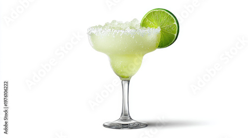 Margarita Cocktail With Lime And Salt Rim Isolated On White Background