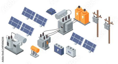Isometric illustration of a solar power energy generation and distribution system