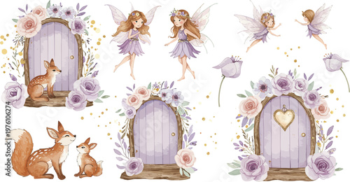 Whimsical illustration of fairies animals and ornate doors with floral wreaths and delicate creatures
