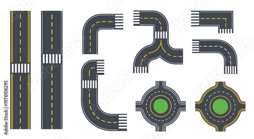 A collection of illustrated road segments and roundabout top views