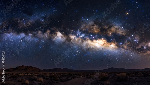 Majestic Milky Way Galaxy stretches across a dark desert night sky filled with billions of stars and glowing dust lanes, offering a breathtaking view of the cosmos.