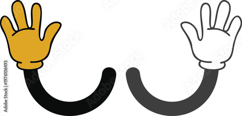 Cartoon hands, arms, and legs icon set in various gestures including thumbs up, peace sign, handshake and walking poses in yellow and black style isolated on white background.