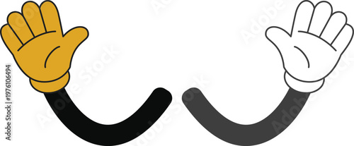 Cartoon hands, arms, and legs icon set in various gestures including thumbs up, peace sign, handshake and walking poses in yellow and black style isolated on white background.