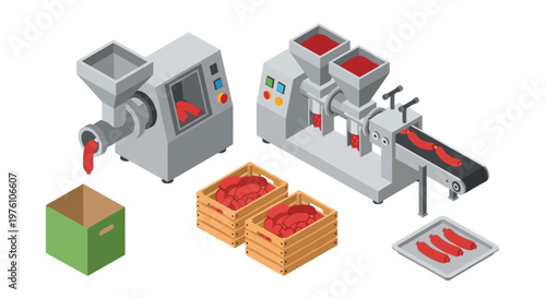 Isometric illustration of a tomato processing line with machinery and containers