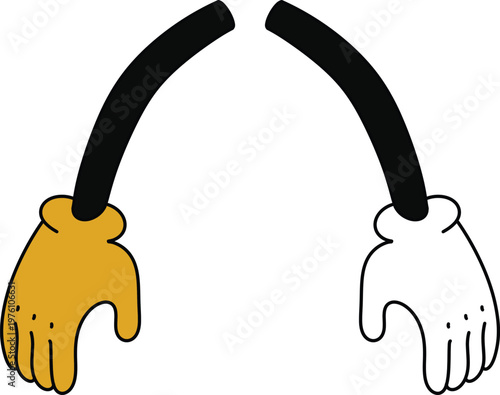 Cartoon hands, arms, and legs icon set in various gestures including thumbs up, peace sign, handshake and walking poses in yellow and black style isolated on white background.