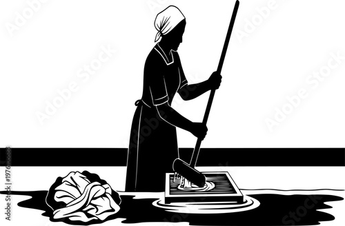 Traditional Washing Silhouette Egypt Canal Village Life Woman Work Black Vector