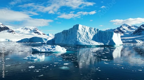 Iceberg in ocean with mountains.