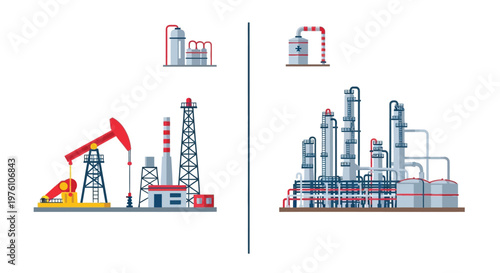 Illustration of oil rigs refineries and industrial processing facilities