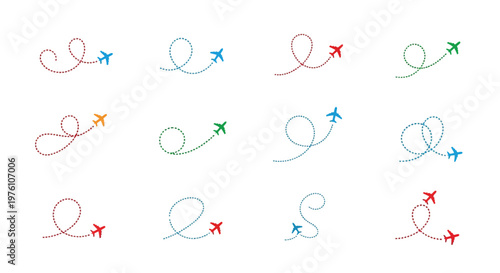 Colorful airplane trails depicting flight paths and travel destinations