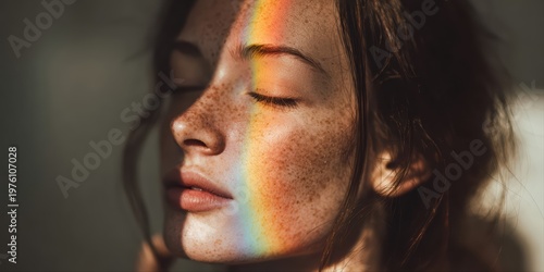 A peaceful freckled face is adorned with a vibrant rainbow of sunlight. Soft light highlights the serene expression and natural beauty in this dreamy portrait.