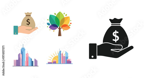 Financial growth and sustainability illustrated with money nature and cities