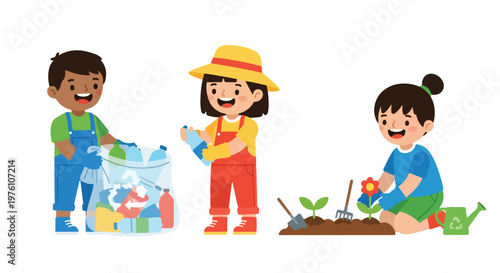 Three happy children are depicted engaging in eco-friendly activities like recycling plastic waste and planting flowers to protect the environment.