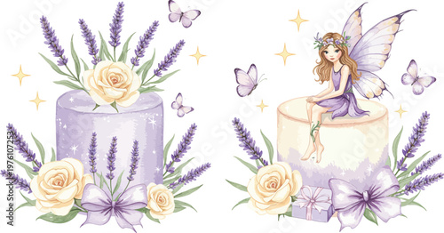 Whimsical fairy perched on a lavender and peach colored cake surrounded by flowers and butterflies sweet dessert scene