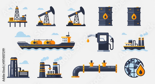 Oil and Gas Industry Icons - Extraction, Transportation, and Processing.