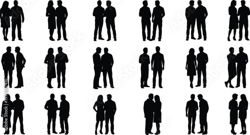 Collection of couple silhouettes standing together showing communication, relationships and casual interaction poses isolated on white background for people illustration design
