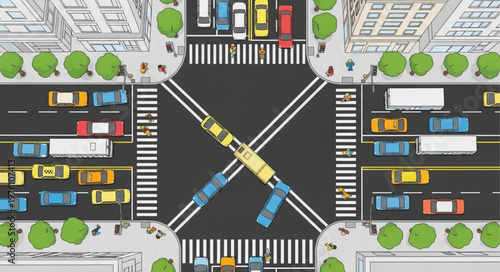 Aerial View of a Busy City Intersection with Cars and Pedestrians.