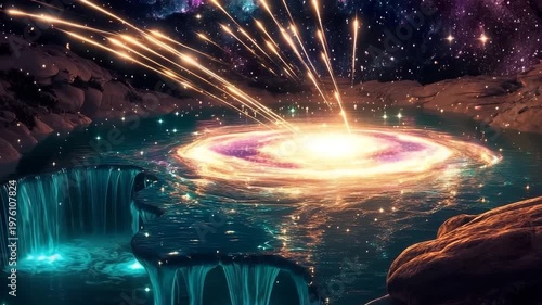 Cosmic landscape where shooting stars cascade into a vibrant galaxy under a starlit sky