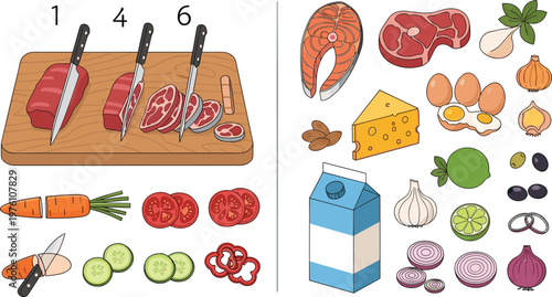 Food Preparation and Ingredient Set Featuring Meat Cutting Vegetables Slicing Dairy Products and Cooking Elements in Detailed Kitchen Vector Illustration Collection