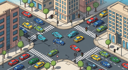Isometric City Intersection with Cars and Pedestrian Crossings.