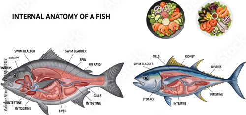 Fish Internal Anatomy Diagram Illustration Showing Organs Gills Intestine Liver and Swim Bladder with Detailed Educational Marine Biology Vector Design