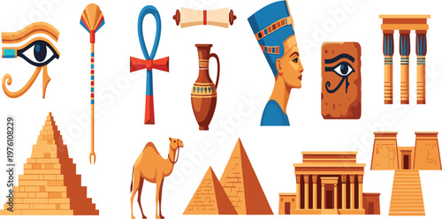 Ancient Egypt Icon Set Featuring Pyramid Pharaoh Eye of Horus Ankh Camel and Temple Elements in Colorful Historical Vector Illustration Collection