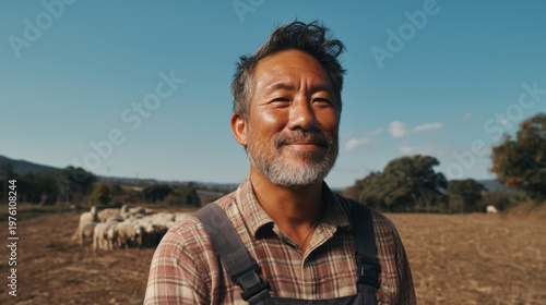 Older Man with Beard in Field, Sheep Grazing Background