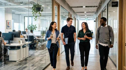Three smiling colleagues walk together down a modern office hallway. They are holding a document and appear to be engaged in a casual conversation.