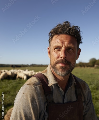 Bearded Man in Field with Sheep, Looking at Camera