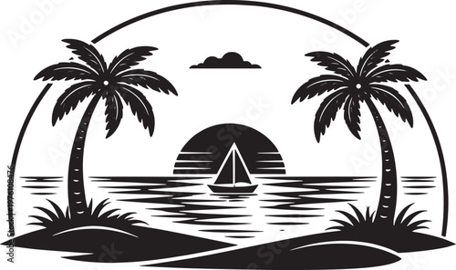 Tropical Beach Sunset With Palm Trees And Sailboat Vector