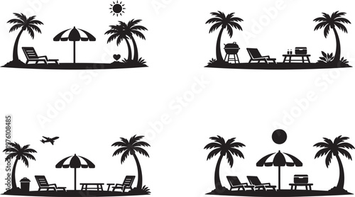 Beach Scene Collection With Palm Trees Lounge Chairs And Umbrella Vector