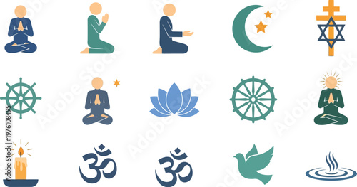 Meditating figures and sacred symbols represent a variety of global religious and spiritual practices.