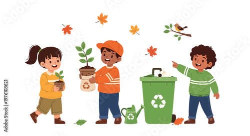 Three diverse children are happily engaging in environmental activities like planting trees and recycling waste on a clear autumn day.