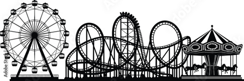 Silhouette of an amusement park with a Ferris wheel, a roller coaster, and a carousel creating a vibrant scene of entertainment and fun