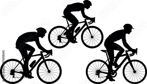 Three cyclists performing stunts in mid-air silhouette against white background