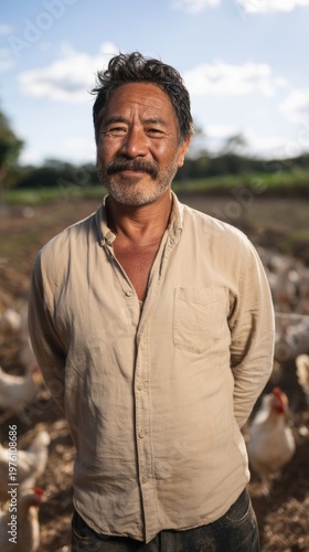 African Farmer in Field with Chickens, Standing among Flock, Daylight