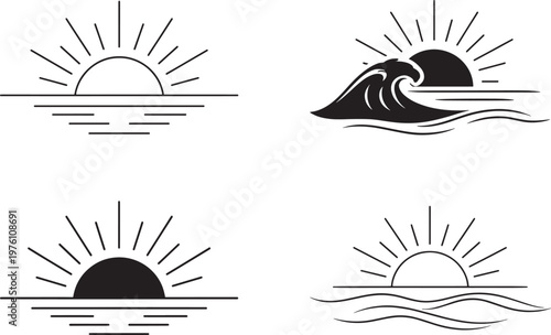 Sunset And Ocean Wave Collection Minimal Line And Silhouette Vector