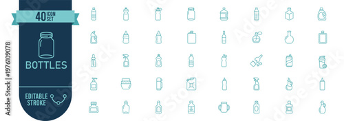 Plastic and Glass Bottles Line Icon Set - 40 Editable Icons for Beverage, Cosmetics, Household Chemicals, Medicine, Spray, and Liquid Packaging Containers.