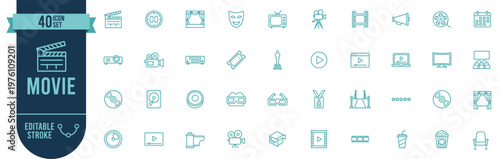 Movie Icons Set 40 Editable Stroke Vector Symbols – Cinema, Film, Entertainment, Hollywood, Video Production, Streaming