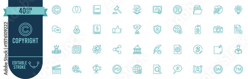 Copyright Icons Set 40 Editable Stroke Vector Symbols – Intellectual Property, Law, Patent, Trademark, Creative Rights