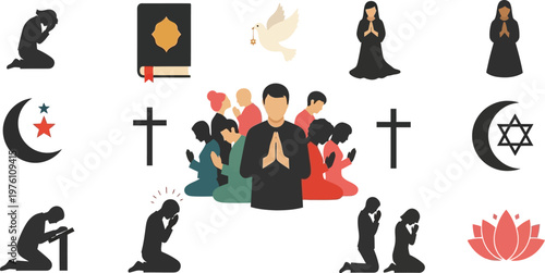 People praying together in a community setting are surrounded by various religious icons representing global unity.