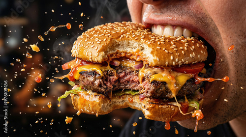 Man biting into a cheeseburger with toppings and sauce dripping  