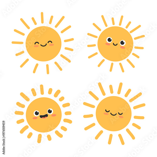 Set of sun icons. Cute smiling sun character for summer design projects, children's decor, children's books, stickers, maps, and weather apps. Flat design. Vector illustration.