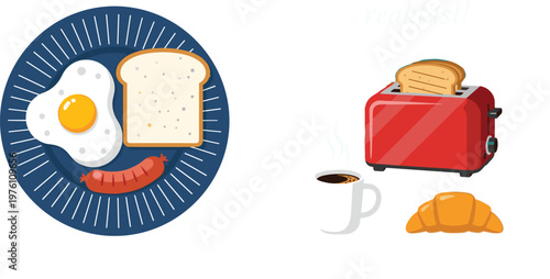 Breakfast Food Vector Illustration Set Featuring Fried Egg Toast Sausage Coffee Croissant and Toaster Elements for Morning Meal Design Concepts
