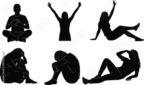 Silhouettes of individuals expressing diverse emotions and postures on a white background person expression