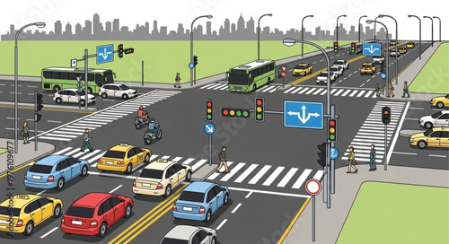 Bustling City Intersection with Cars, Buses, and Pedestrians.