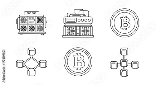 Cryptocurrency mining icons set, bitcoin blockchain technology vector elements, digital currency farm hardware and network nodes in line art style