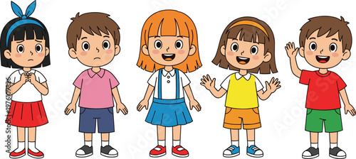 Cute Cartoon Children Characters Set Featuring Diverse Kids Standing and Smiling in Colorful Outfit Designs for Educational and Creative Use
