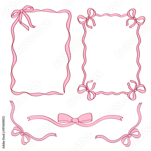Pink ribbon frames and bows collection, cute decorative borders, hand drawn romantic vector set