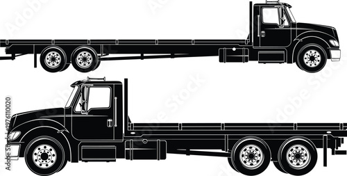 Two flatbed trucks shown in profile silhouette, one with a single rear axle and the other with a tandem rear axle, in black and white